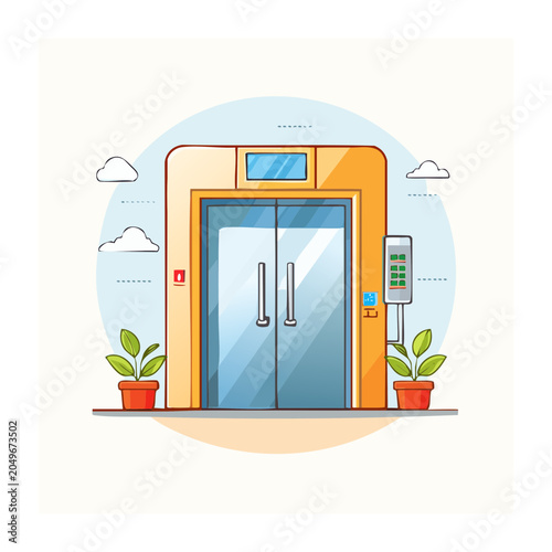 Modern elevator doors with control panel and plants
