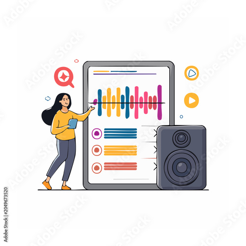 Person interacting with audio interface on tablet next to speaker