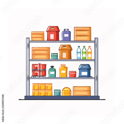 Storage rack filled with boxes, bottles, and containers