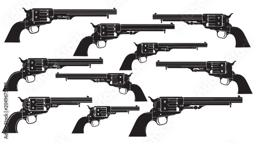 Vintage revolver silhouette set, 10 western handgun vector icons, antique six-shooter pistol collection for wild west graphic design