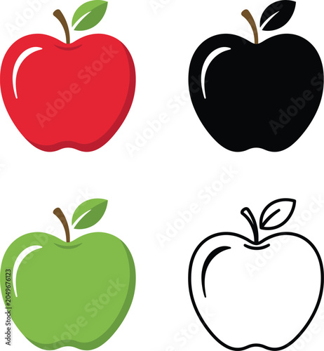 Apple vector icon set containing flat red green colored designs black silhouette and line art style shapes