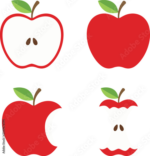 Red apple vector icon set showing stages of eating including whole cut half bitten and finished core shapes