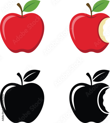 Red and black apple vector icons showing whole and bitten fruit shapes isolated on a transparent background
