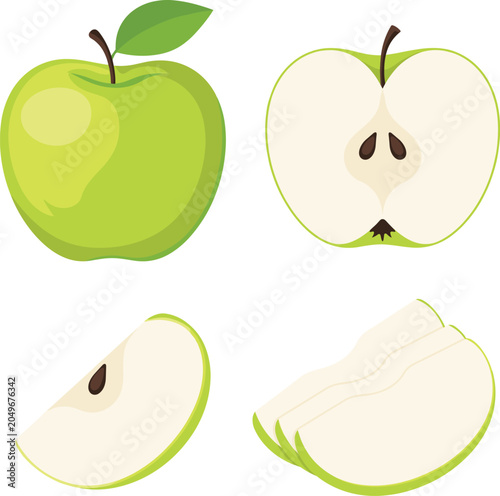 Fresh green apple vector set with whole fruit, cut half, and slices isolated on transparent background
