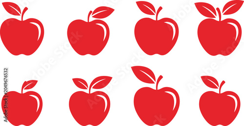 Red apple vector icon set with different leaf shapes isolated on a checkered transparent background