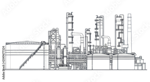 Oil Refinery Plant Line Art Vector Illustration