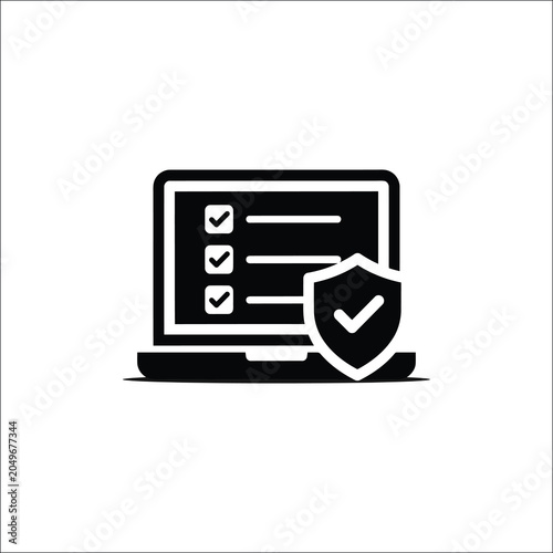 Computer laptop screen showing online exam with checklist and security shield.