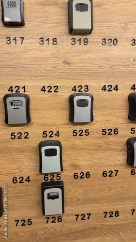 Combination lock boxes displayed on wooden wall with numbers create security background