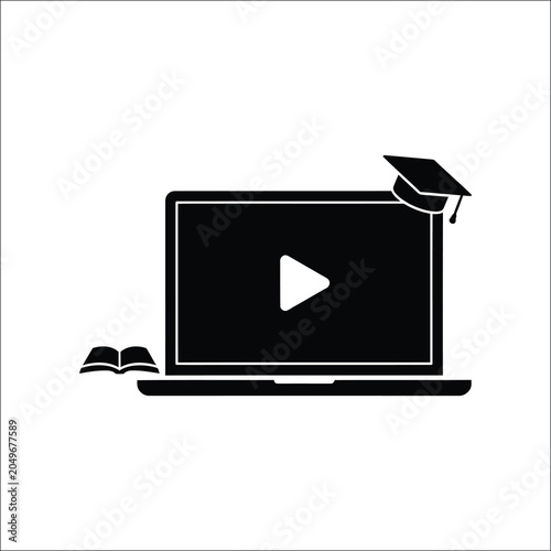 Video course lecture on laptop with graduation cap and textbook icon.