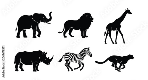 Fotografía African wildlife silhouettes black vector illustration on a white background
