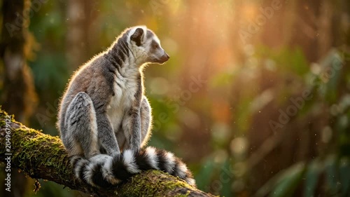 Ring-tailed Lemur Sitting on Mossy Tree Branch in Golden Hour Forest Light