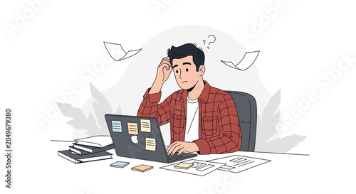 Young man looking stressed while working on a laptop, with papers flying around and question marks above his head.