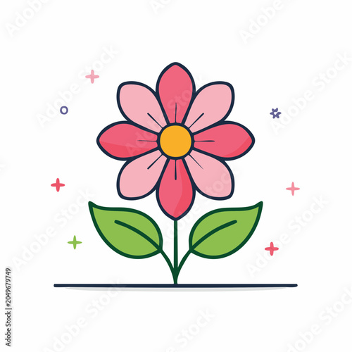 Stylized Pink Flower with Green Leaves and Decorative Elements