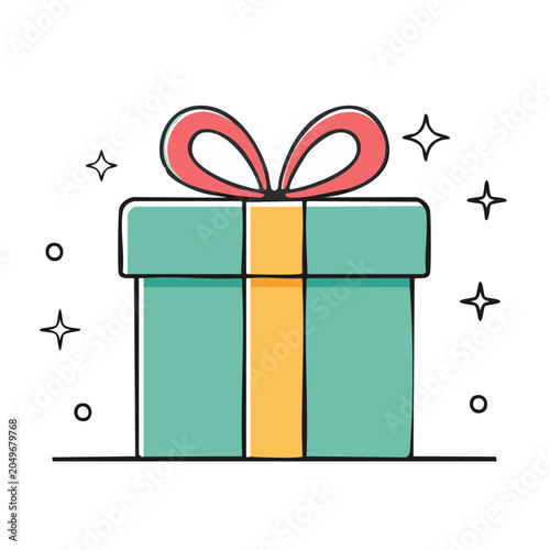 Teal gift box with yellow ribbon and sparkles