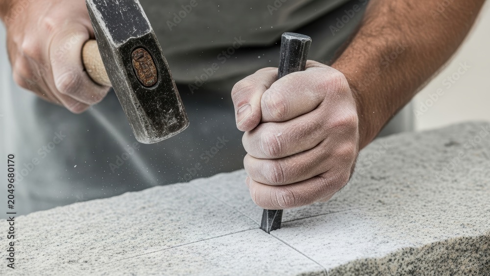 Fototapeta premium Hands using heavy hammer and steel chisel on solid granite block.