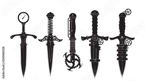 Steampunk dagger silhouettes with mechanical gears and clockwork details, 5 fantasy knife vector icons, gothic industrial blade weapon set