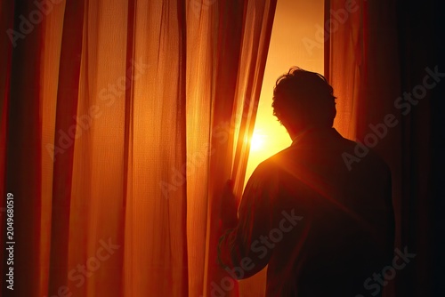 Silhouette of a person parting orange curtains to reveal a bright, setting sun