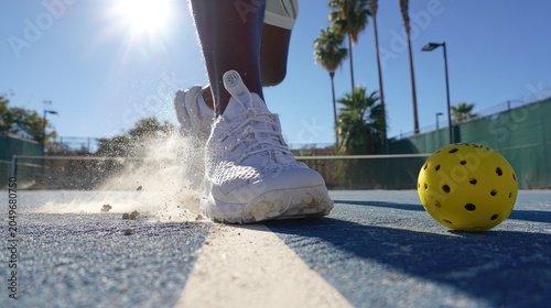 Athlete's white shoe kicks up dust on blue court next to yellow ball