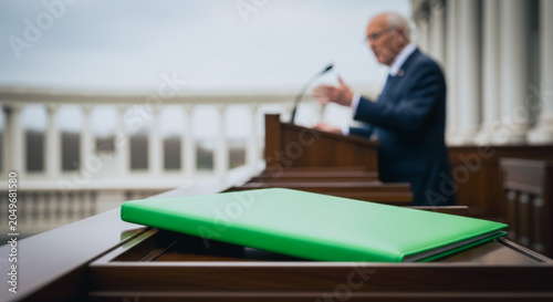 Green document folder on a wooden lectern with a politician speaking in the background representing environmental policy