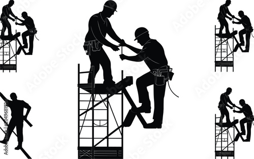 Construction Workers on Scaffolding Silhouette Collage untitled illustration