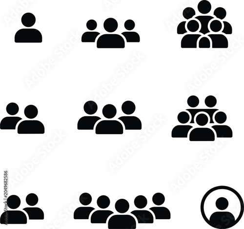 Nine black icons representing groups of people in varying numbers on a white background Keywords: people icon group icon crowd