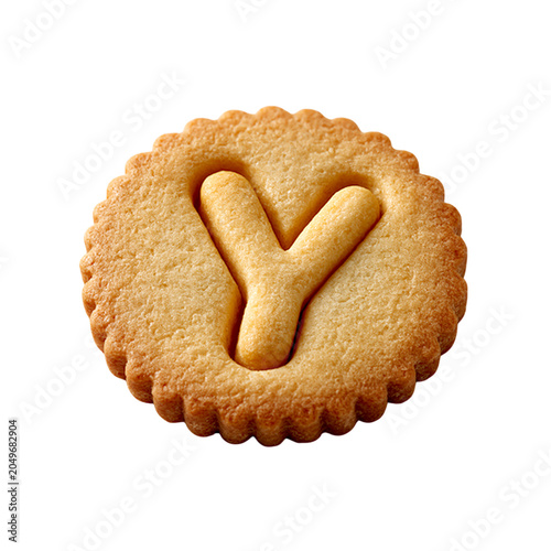 A single golden brown cookie with a Y shape pressed into the center, isolated on a white background, perfect for baking or snacking.