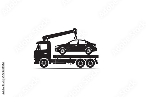 Heavy duty tow truck carrying modern sedan car on flatbed trailer assistance service for vehicle breakdown accident recovery transport.