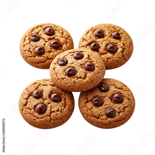 Delicious chocolate chip cookies arranged in a pyramid on a white background, sweet treats and baked goods