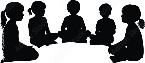 Silhouette of Five Children Sitting in a Circle on a White Background kids group