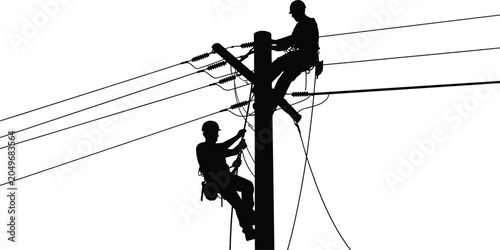 Silhouette of two linemen working on a utility pole with power lines lineman electrician