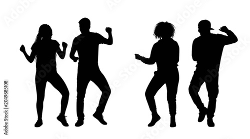 Four people dancing silhouettes in joyful poses isolated on transparent background, Vector