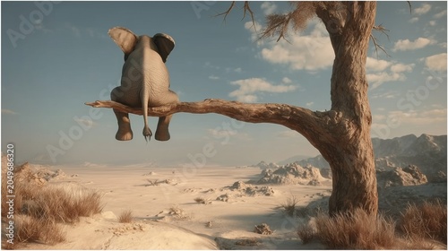 Full Shot of an Elephant Sitting on a Tree Branch in a Desert Landscape