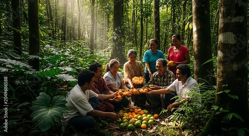 Group of Diverse Farmers Sharing Freshly Harvested Tropical Fruits in a Lush Jungle Setting.