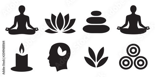 Spiritual wellness yoga and meditation vector icons with lotus flower stones candle flame and mindful head symbols.