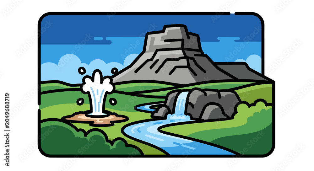 Obraz premium Cartoon mountain with flowing water stream.