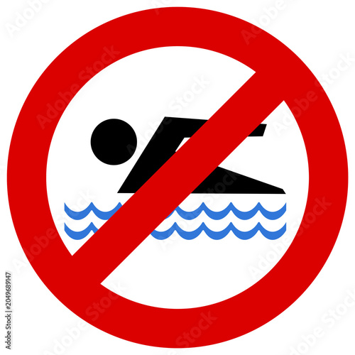 Señal de prohibido el baño aislada sobre fondo transparente, icono de prohibido nadar con silueta y olas.