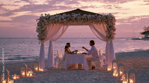 Couple dines romantically at sunset on a beach. White decorations and candles enhance the pavilion near the sea. Honeymooners celebrate their anniversary there.