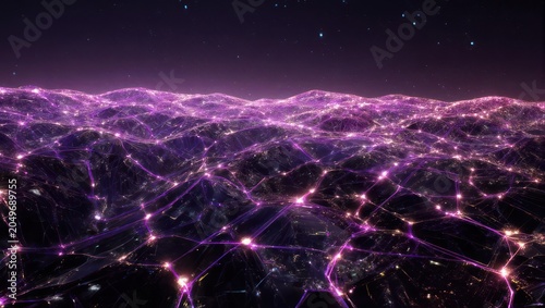 Abstract Network of Interconnected Nodes with Purple Glow.