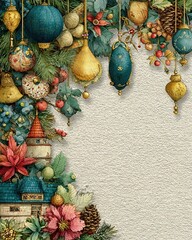 Watercolor Christmas border with pinecones, toys, tree branches, acorns, and pendants for invitations