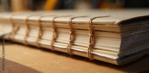 Close-up of handmade book binding detail with handmade stitching bookbinding literary publication hardcover craftsmanship creative workshop material close-up notebook literature