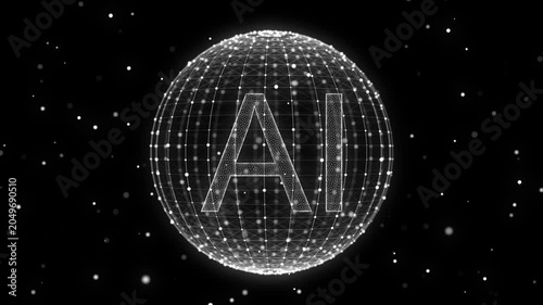 Abstract black sphere in AI big data network connection. Futuristic flow of dots and lines. Science background. 3D model dynamic security circle. Global technologies. 3D rendering.