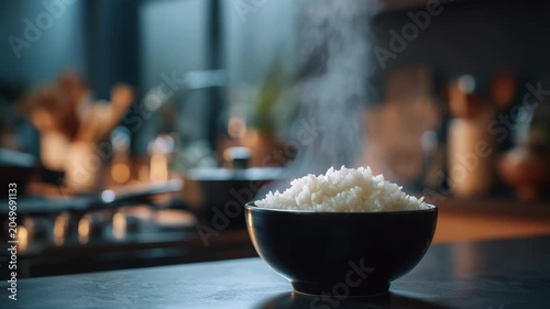 Steaming Bowl of White Rice in a Modern Kitchen Setting