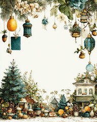 Watercolor Christmas border with pinecones, toys, tree branches, acorns, and pendants for invitations