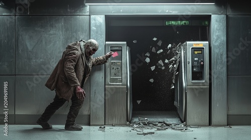 Depicting a determined zombie, unaffected by decay, using a card on a broken turnstile in a desolate subway station, highlighting survival in a fallen world