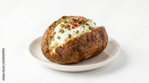 Loaded baked potato with sour cream, chives and bacon bits. Hot jacket potato on white plate. Savory stuffed potato side dish for restaurant menu.
