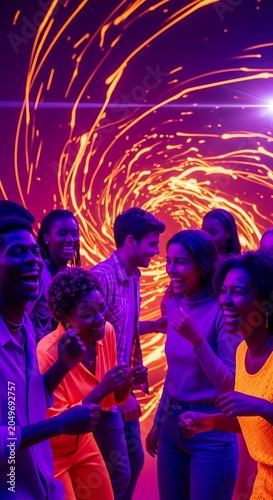Group of diverse friends enjoying a night party with vibrant light effects.