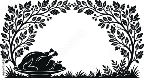 Obraz na płótnie Thanksgiving turkey with foliage border black and white vector