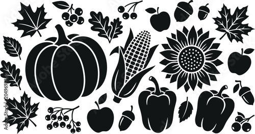 Foto Autumn harvest elements pumpkins corn leaves and sunflowers