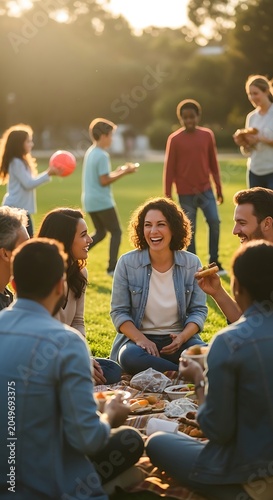 Group of diverse friends enjoying a picnic at the park during golden hour.