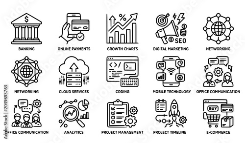 Technology and finance icons vector rounded line symbol set